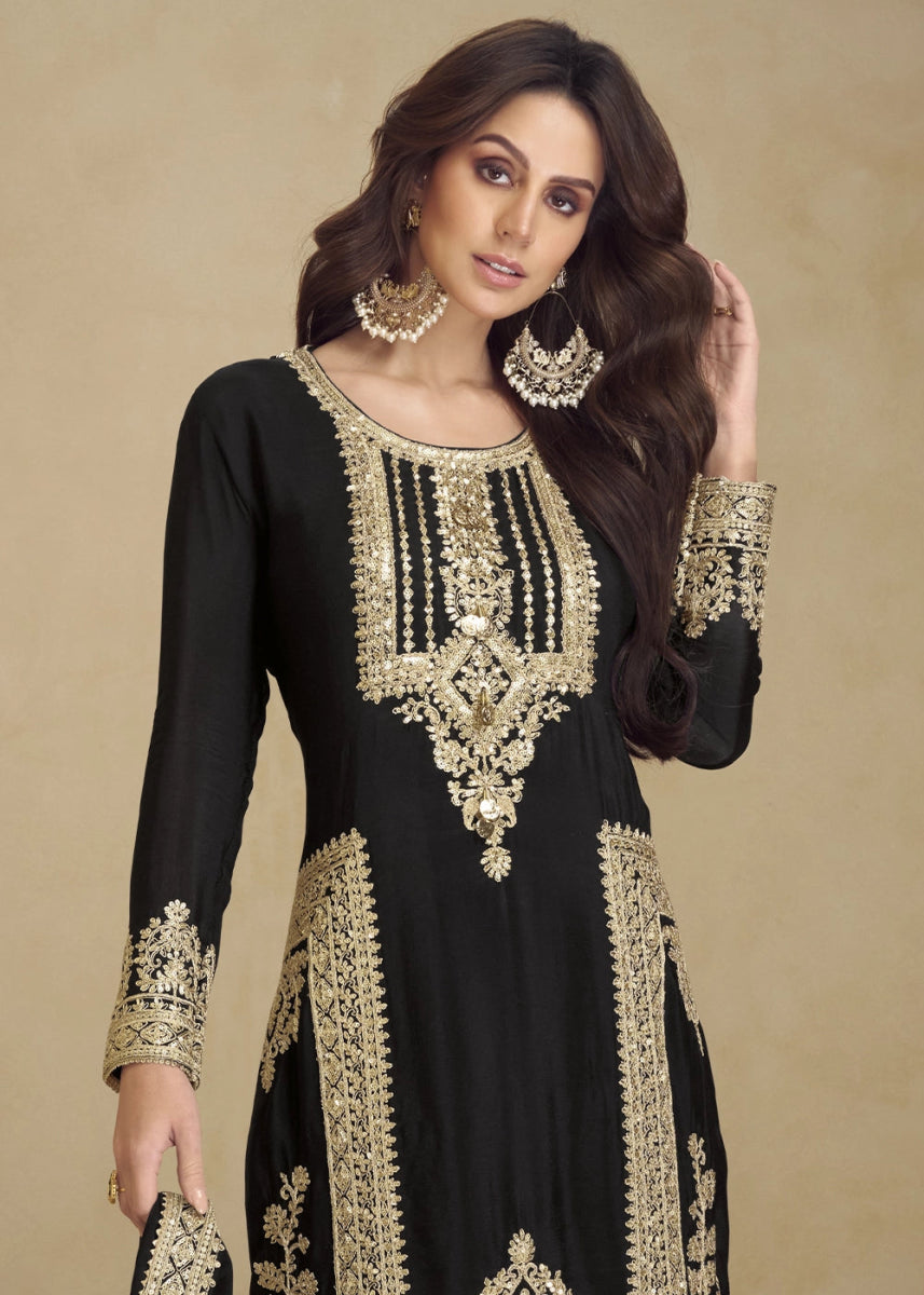 Pebble Black Designer Pant Suit in Chinon Silk with Luxe Embroidered Finish - House of Sarvati LLC
