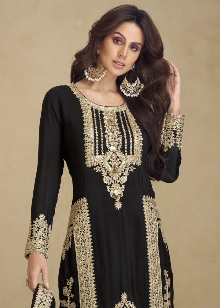 Pebble Black Designer Pant Suit in Chinon Silk with Luxe Embroidered Finish - House of Sarvati LLC