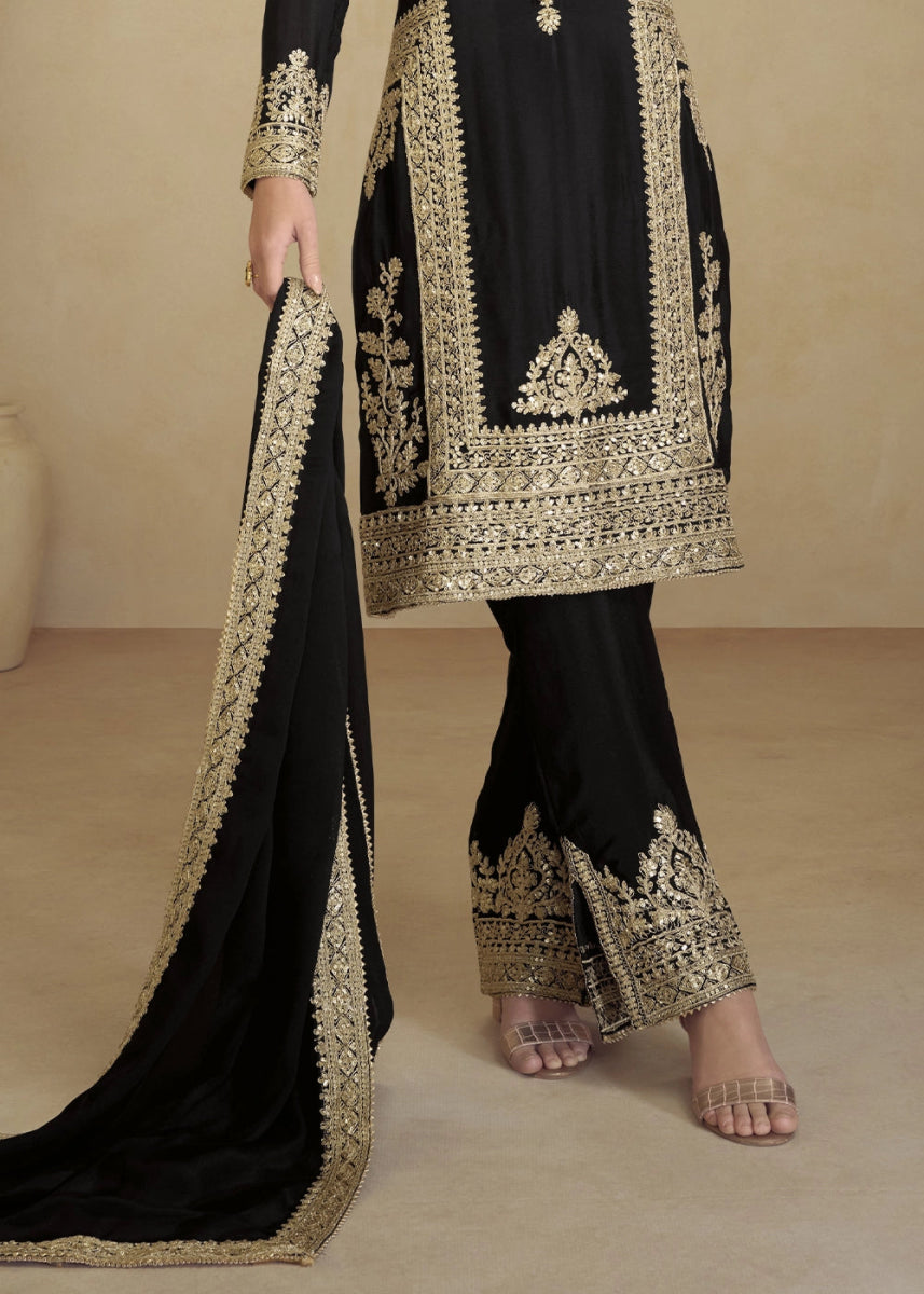 Pebble Black Designer Pant Suit in Chinon Silk with Luxe Embroidered Finish - House of Sarvati LLC