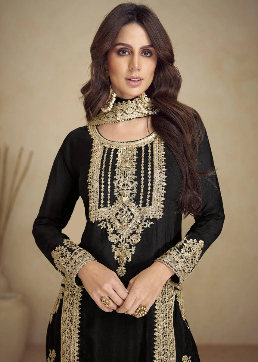 Pebble Black Designer Pant Suit in Chinon Silk with Luxe Embroidered Finish - House of Sarvati LLC