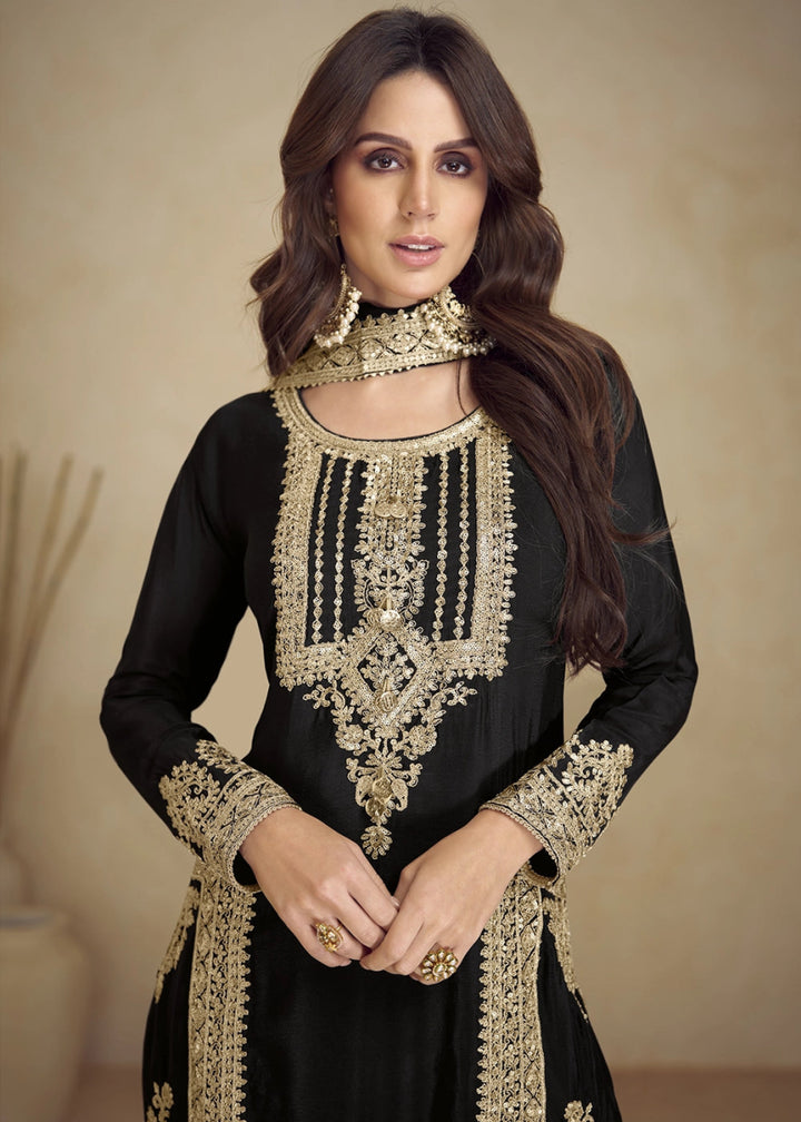 Pebble Black Designer Pant Suit in Chinon Silk with Luxe Embroidered Finish - House of Sarvati LLC
