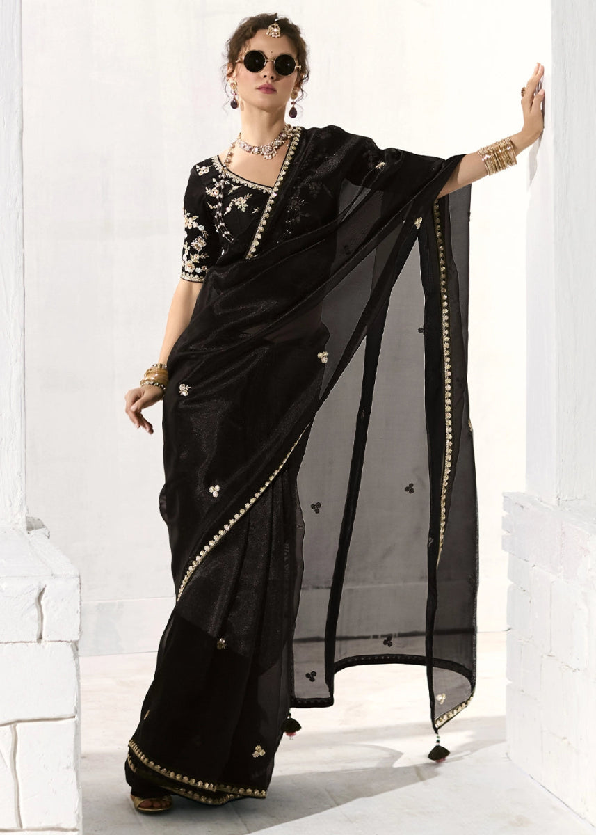 Pebble Black Designer Tissue Organza Saree With All - Over Buttas And Hand Embroidered Blouse - House of Sarvati LLC