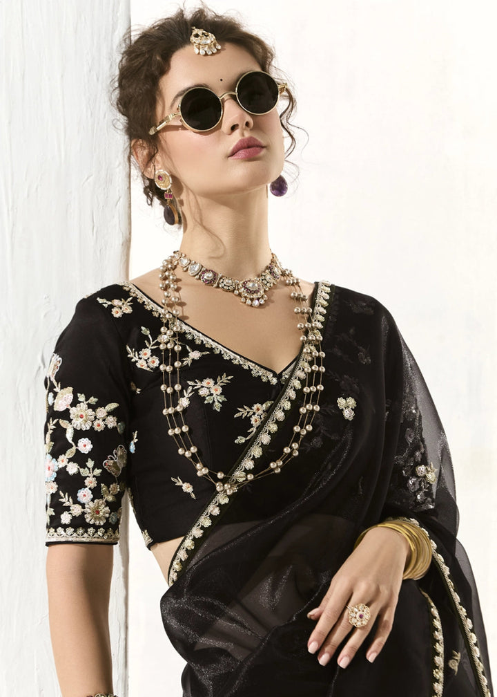 Pebble Black Designer Tissue Organza Saree With All - Over Buttas And Hand Embroidered Blouse - House of Sarvati LLC