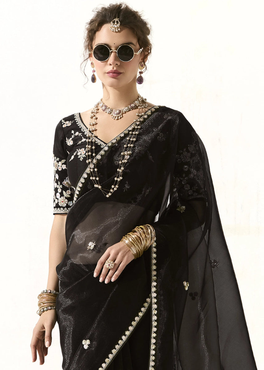 Pebble Black Designer Tissue Organza Saree With All - Over Buttas And Hand Embroidered Blouse - House of Sarvati LLC