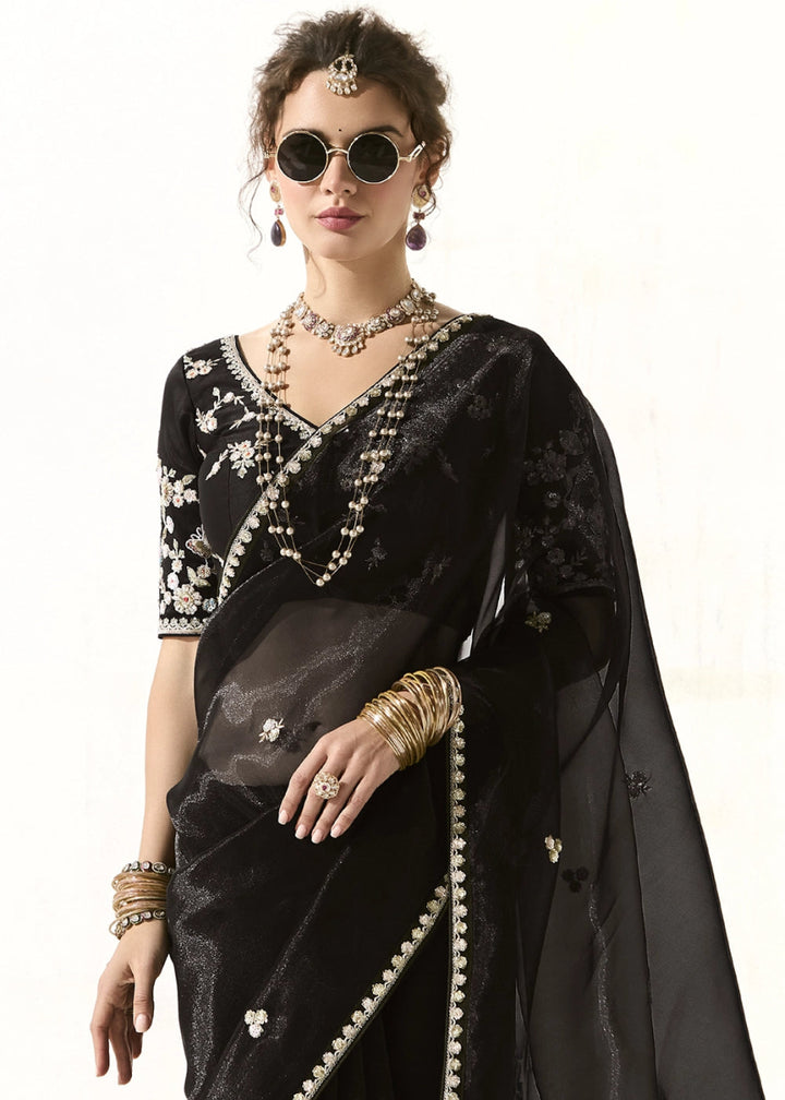 Pebble Black Designer Tissue Organza Saree With All - Over Buttas And Hand Embroidered Blouse - House of Sarvati LLC