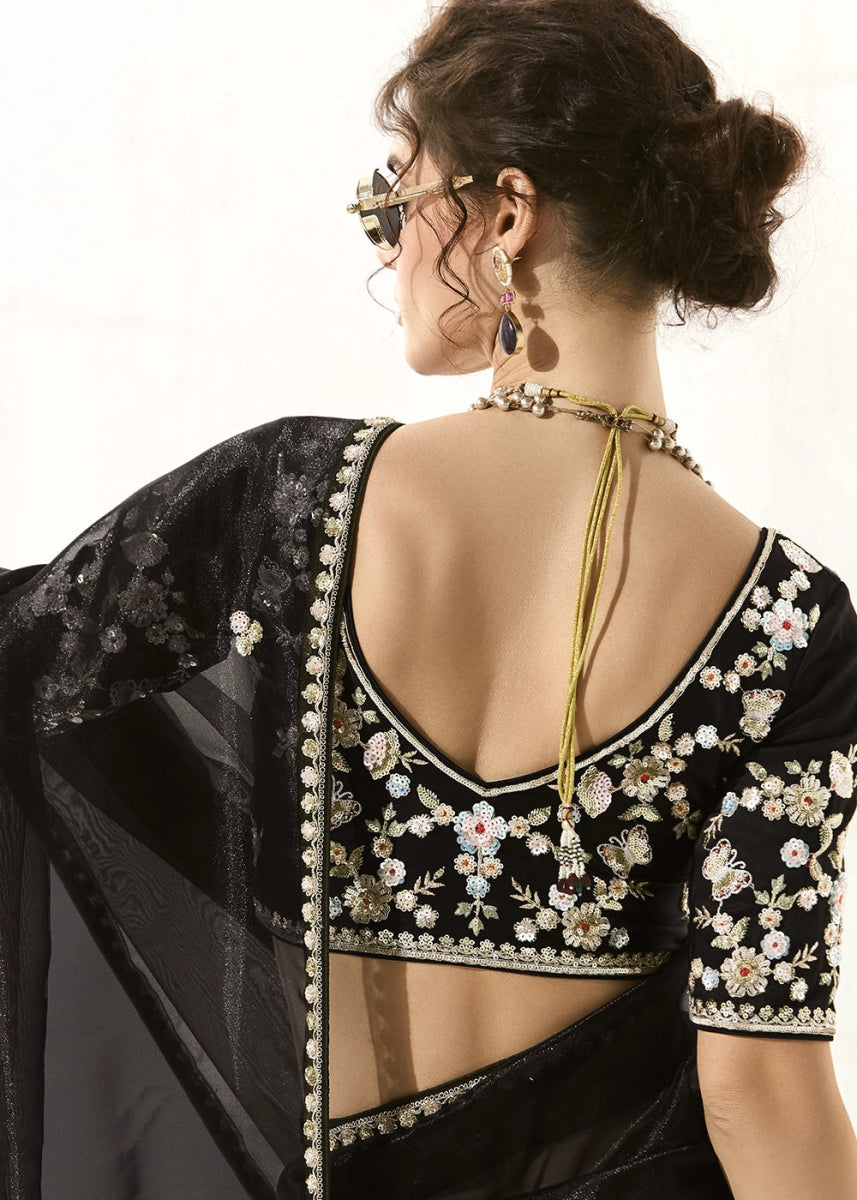 Pebble Black Designer Tissue Organza Saree With All - Over Buttas And Hand Embroidered Blouse - House of Sarvati LLC
