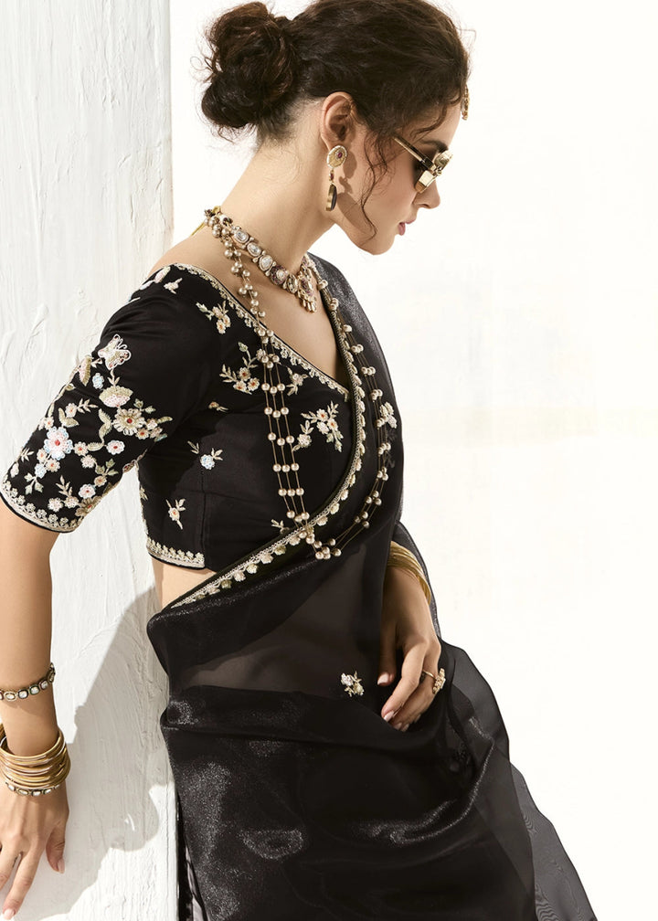 Pebble Black Designer Tissue Organza Saree With All - Over Buttas And Hand Embroidered Blouse - House of Sarvati LLC