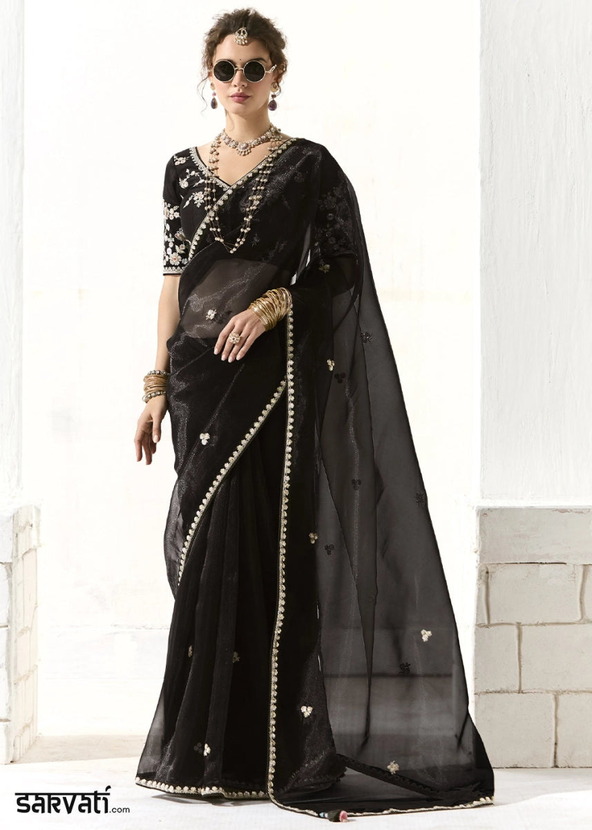 Pebble Black Designer Tissue Organza Saree With All - Over Buttas And Hand Embroidered Blouse - House of Sarvati LLC