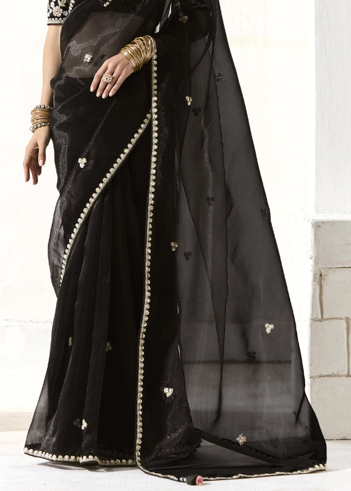Pebble Black Designer Tissue Organza Saree With All - Over Buttas And Hand Embroidered Blouse - House of Sarvati LLC