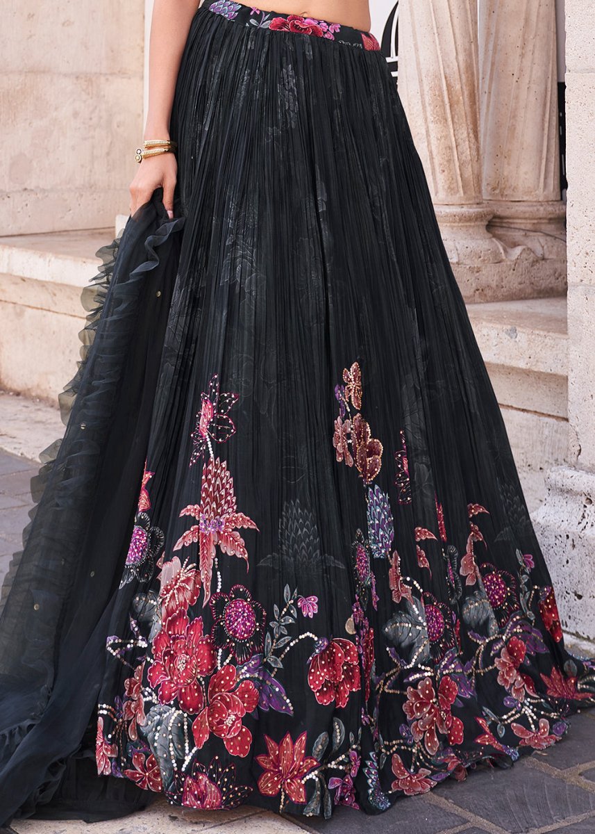 Pebble Black Lehenga in Chinon Silk with Embroidered Blouse - House of Sarvati LLC