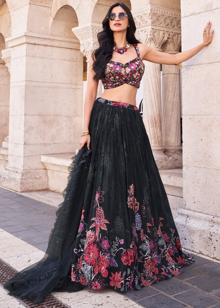 Pebble Black Lehenga in Chinon Silk with Embroidered Blouse - House of Sarvati LLC
