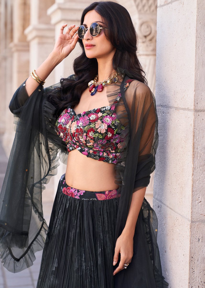 Pebble Black Lehenga in Chinon Silk with Embroidered Blouse - House of Sarvati LLC