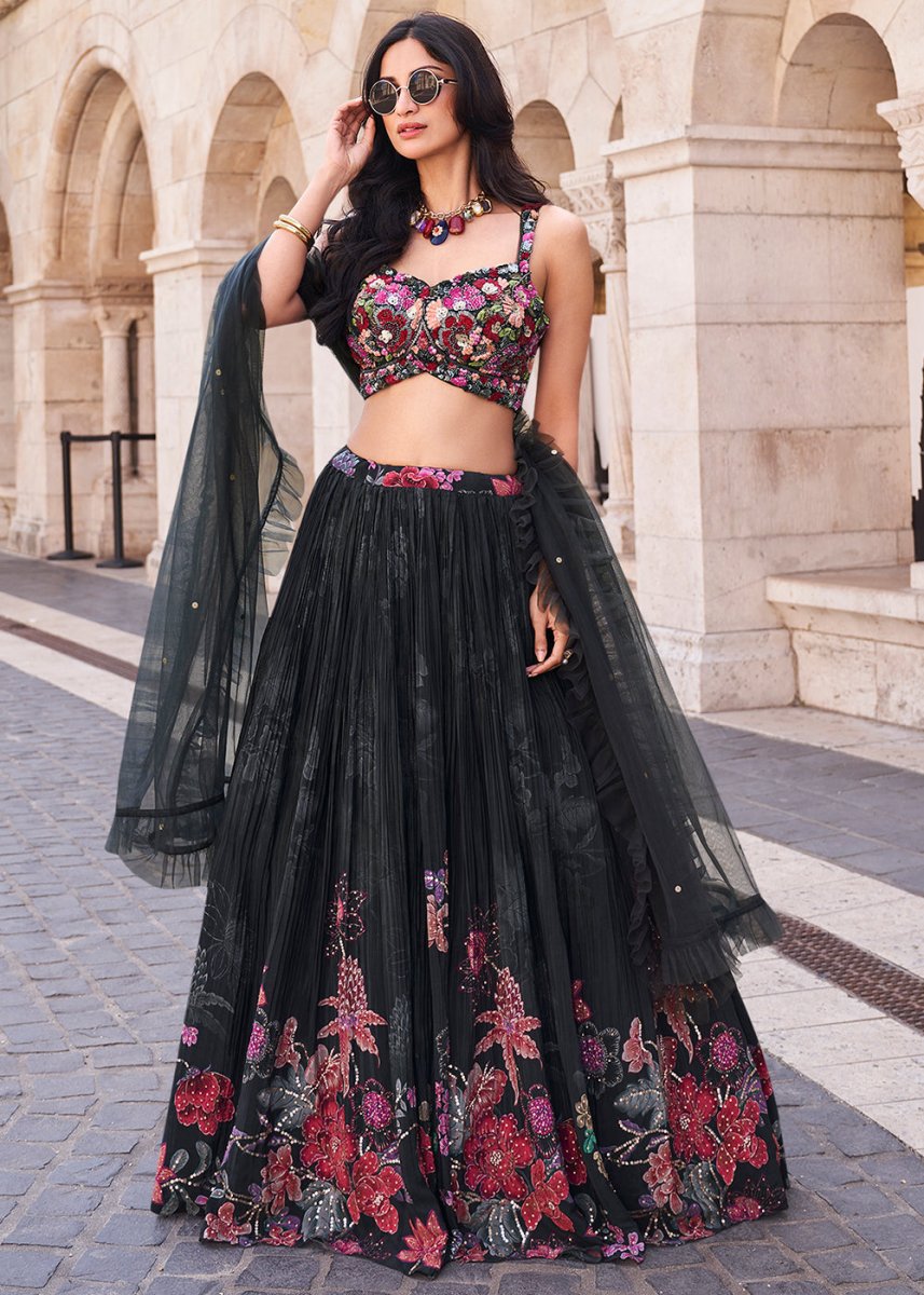 Pebble Black Lehenga in Chinon Silk with Embroidered Blouse - House of Sarvati LLC