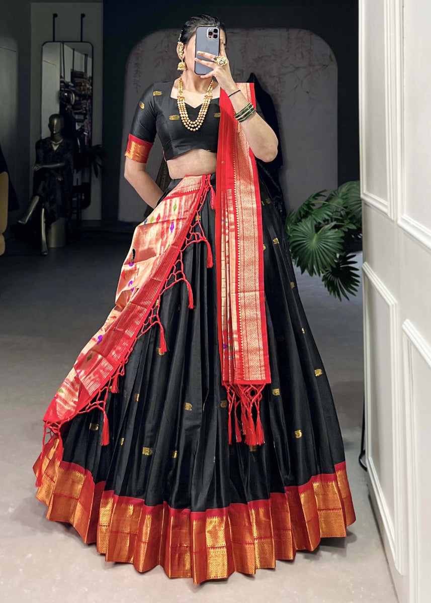 Pebble Black Silk Lehenga Choli Featuring Paithani Jacquard Weaving - House of Sarvati LLC