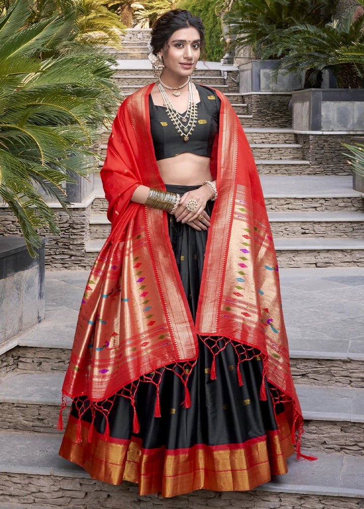 Pebble Black Silk Lehenga Choli Featuring Paithani Jacquard Weaving - House of Sarvati LLC