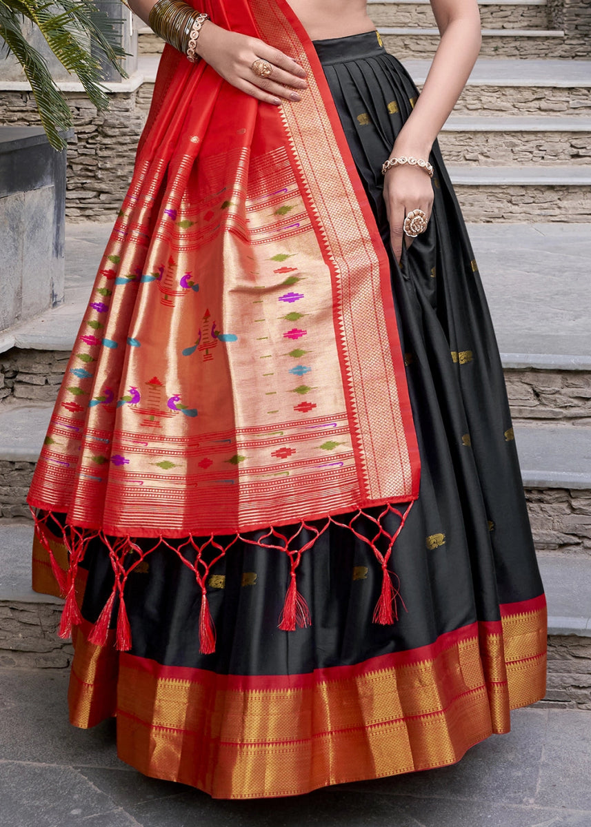 Pebble Black Silk Lehenga Choli Featuring Paithani Jacquard Weaving - House of Sarvati LLC
