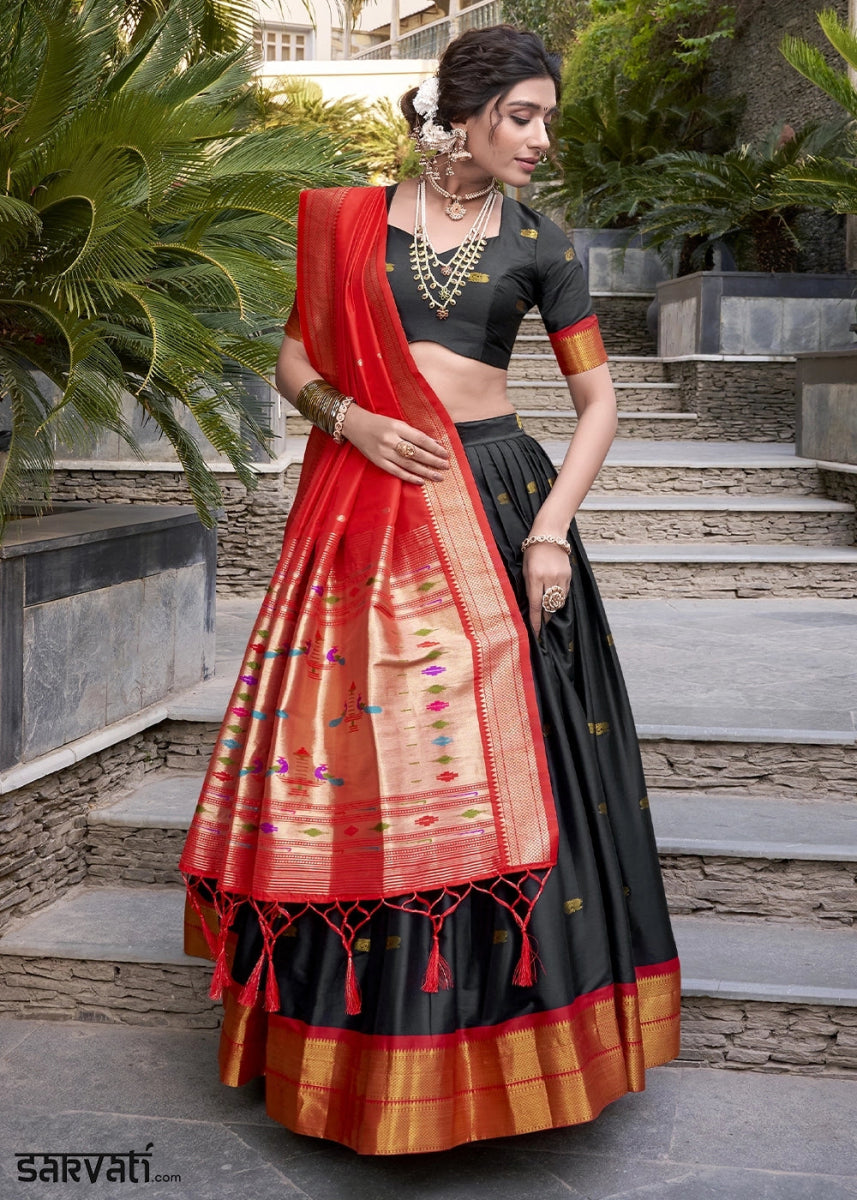 Pebble Black Silk Lehenga Choli Featuring Paithani Jacquard Weaving - House of Sarvati LLC