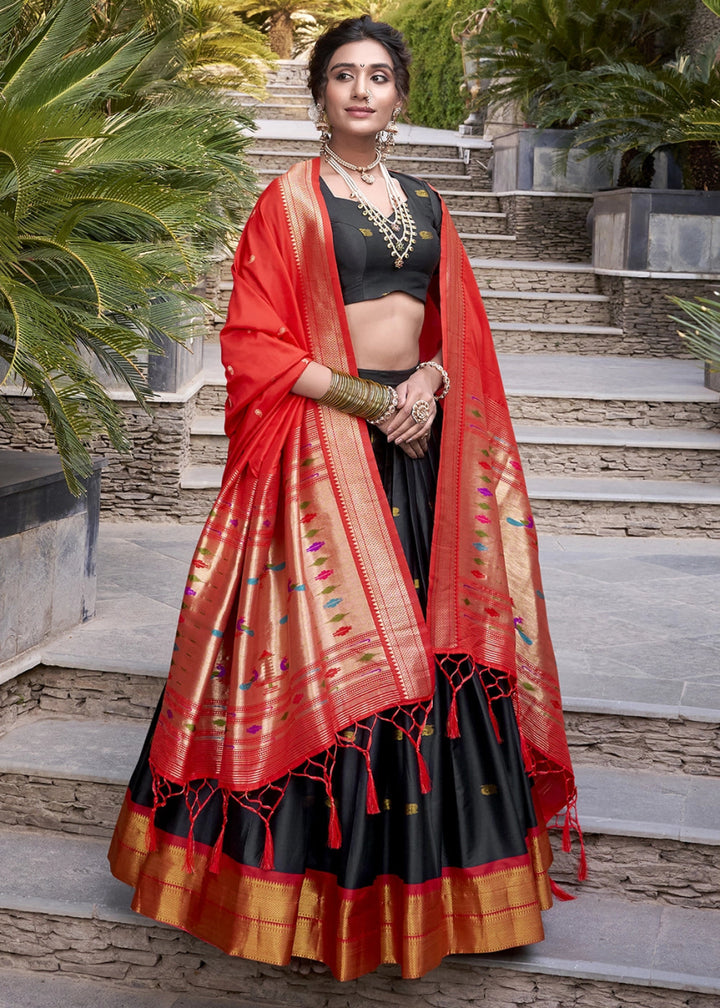 Pebble Black Silk Lehenga Choli Featuring Paithani Jacquard Weaving - House of Sarvati LLC