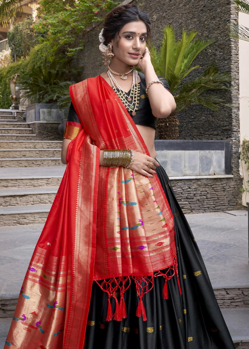 Pebble Black Silk Lehenga Choli Featuring Paithani Jacquard Weaving - House of Sarvati LLC