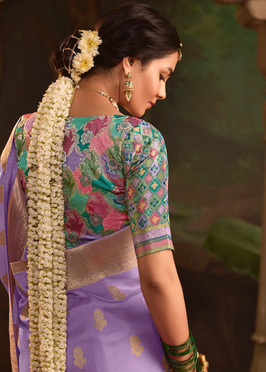 Periwinkle Purple Crepe Dola Silk Saree with Rich Zari Weaving - House of Sarvati LLC