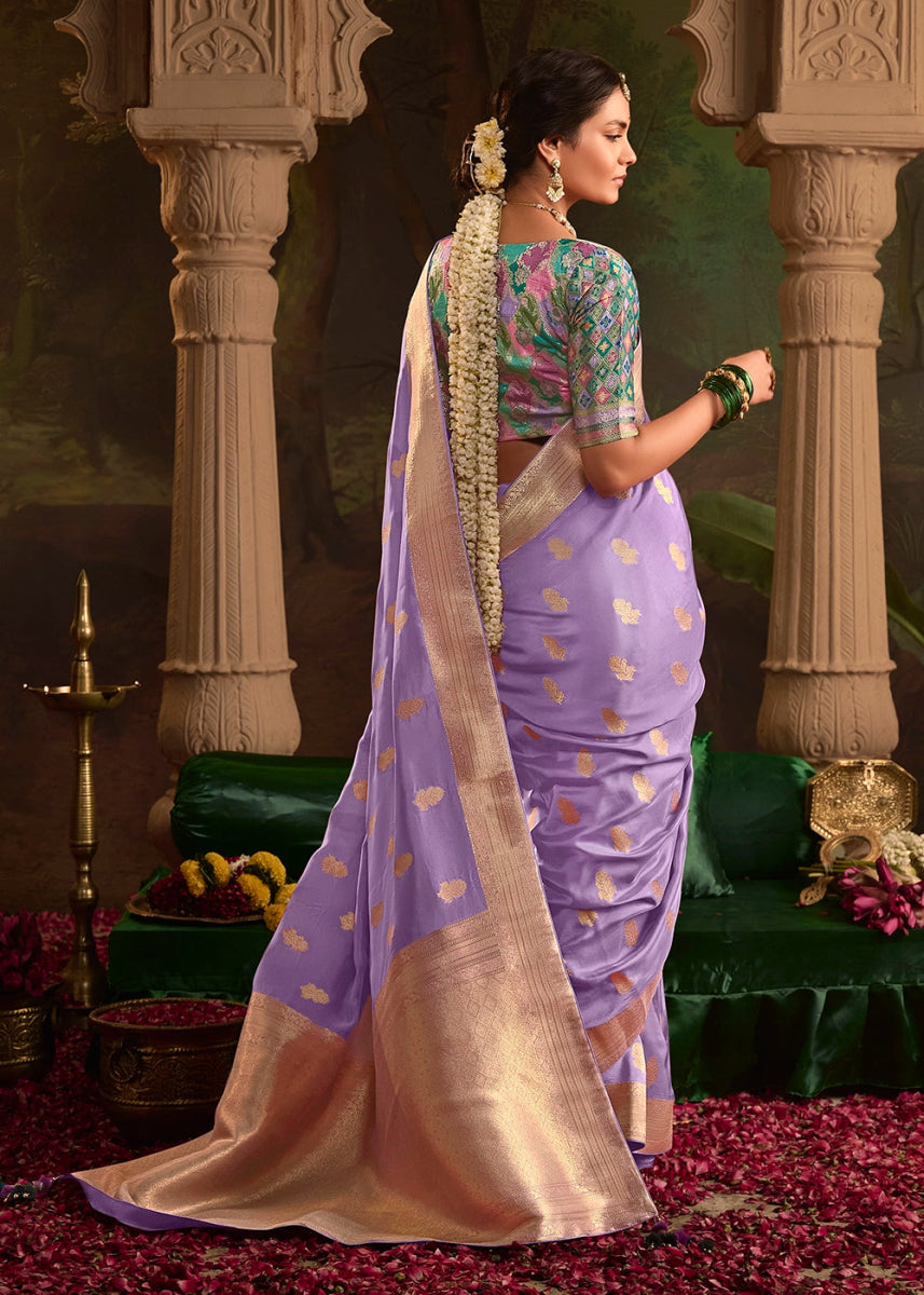 Periwinkle Purple Crepe Dola Silk Saree with Rich Zari Weaving - House of Sarvati LLC