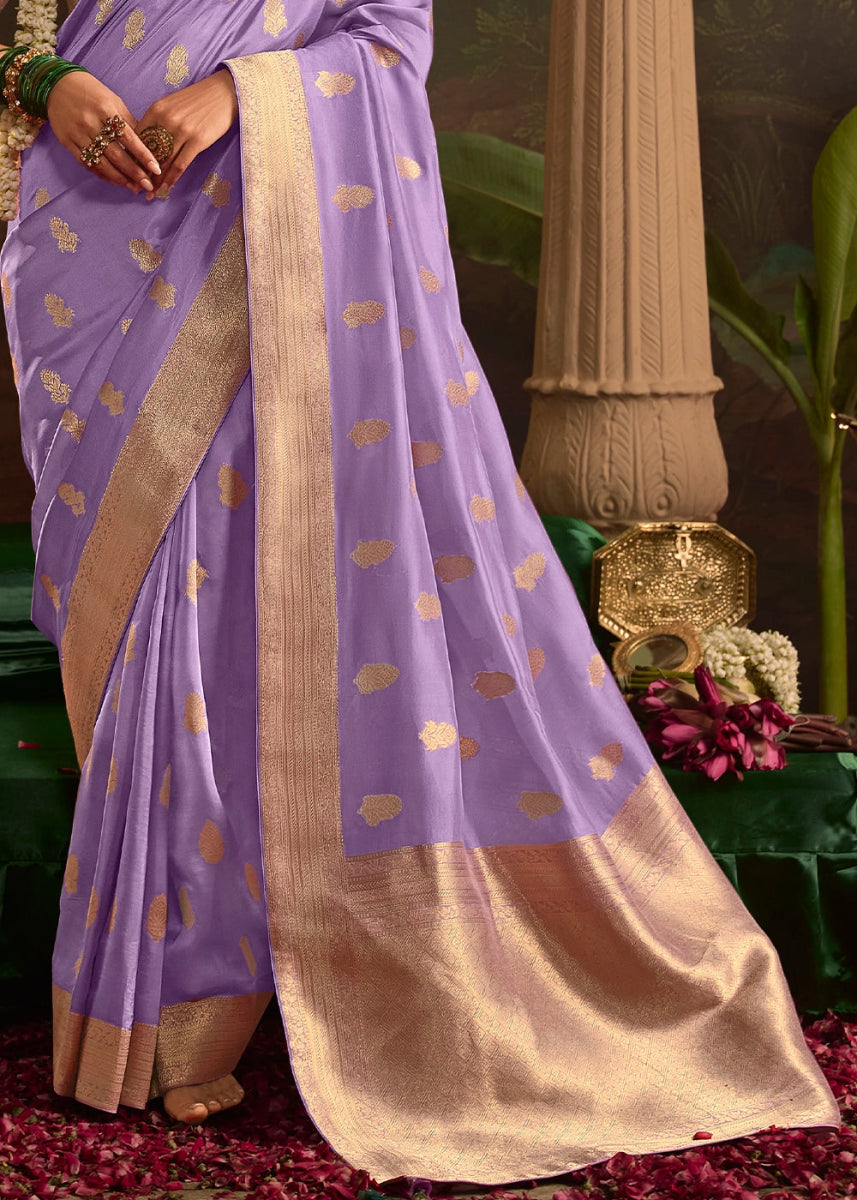 Periwinkle Purple Crepe Dola Silk Saree with Rich Zari Weaving - House of Sarvati LLC