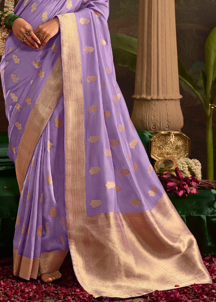 Periwinkle Purple Crepe Dola Silk Saree with Rich Zari Weaving - House of Sarvati LLC