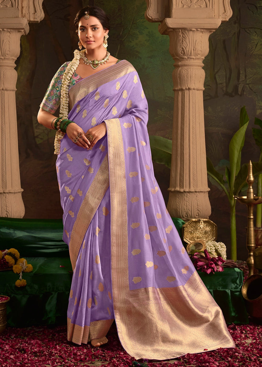 Periwinkle Purple Crepe Dola Silk Saree with Rich Zari Weaving - House of Sarvati LLC