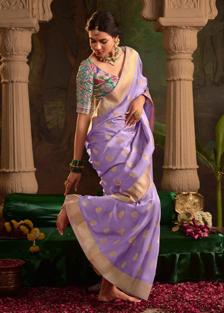 Periwinkle Purple Crepe Dola Silk Saree with Rich Zari Weaving - House of Sarvati LLC
