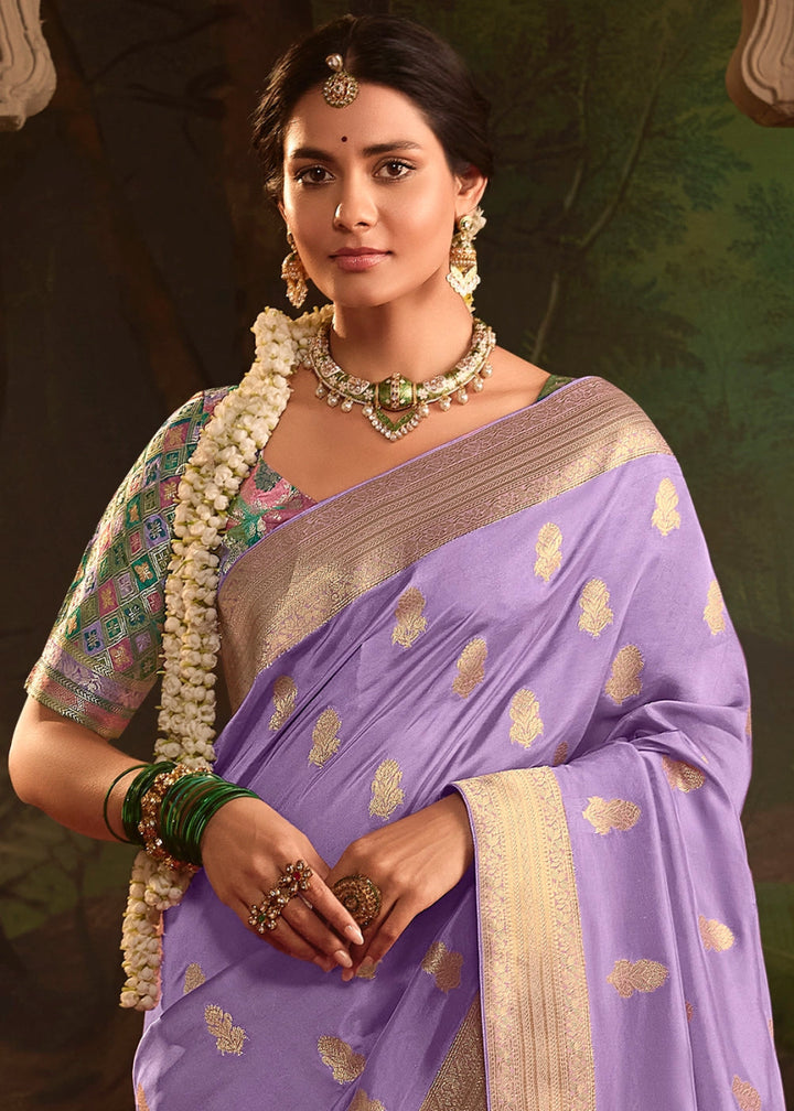 Periwinkle Purple Crepe Dola Silk Saree with Rich Zari Weaving - House of Sarvati LLC