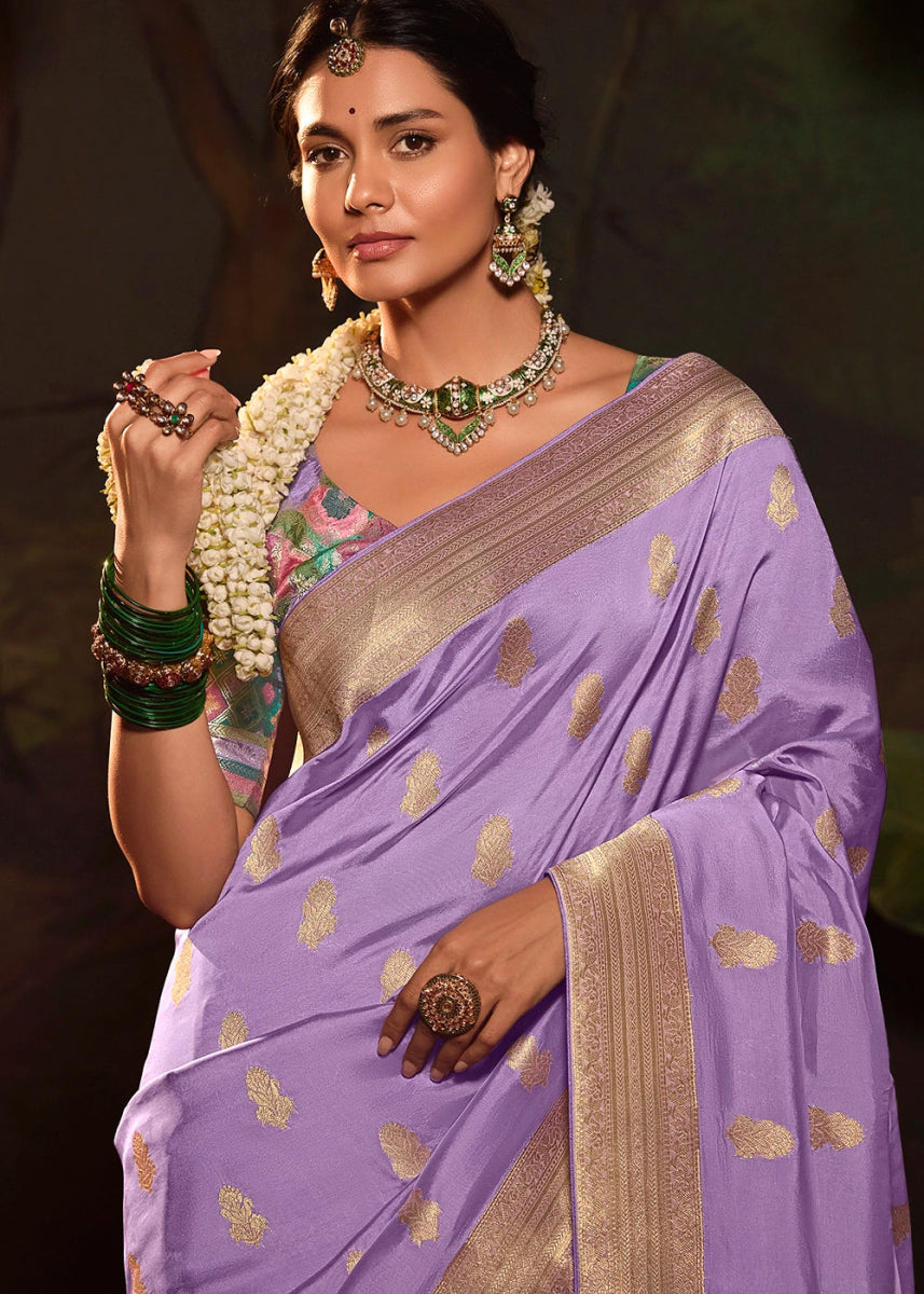 Periwinkle Purple Crepe Dola Silk Saree with Rich Zari Weaving - House of Sarvati LLC