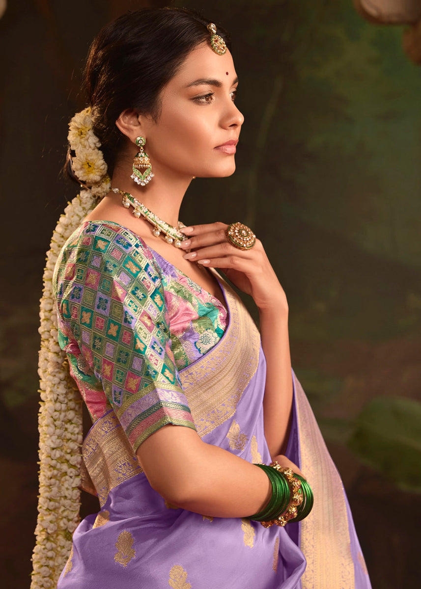 Periwinkle Purple Crepe Dola Silk Saree with Rich Zari Weaving - House of Sarvati LLC