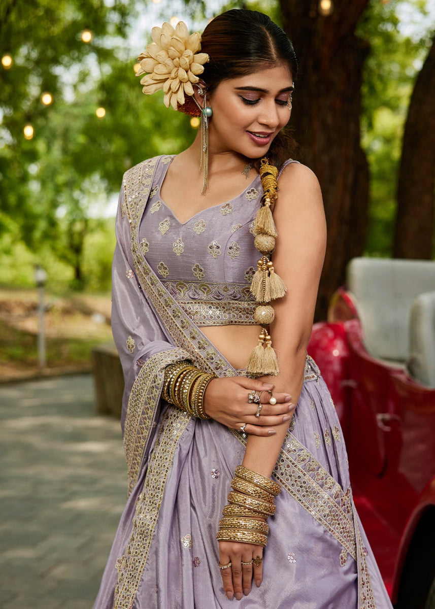Periwinkle Purple Lehenga Choli with Floral Sequin Detailing on Chiffon Silk - House of Sarvati LLC