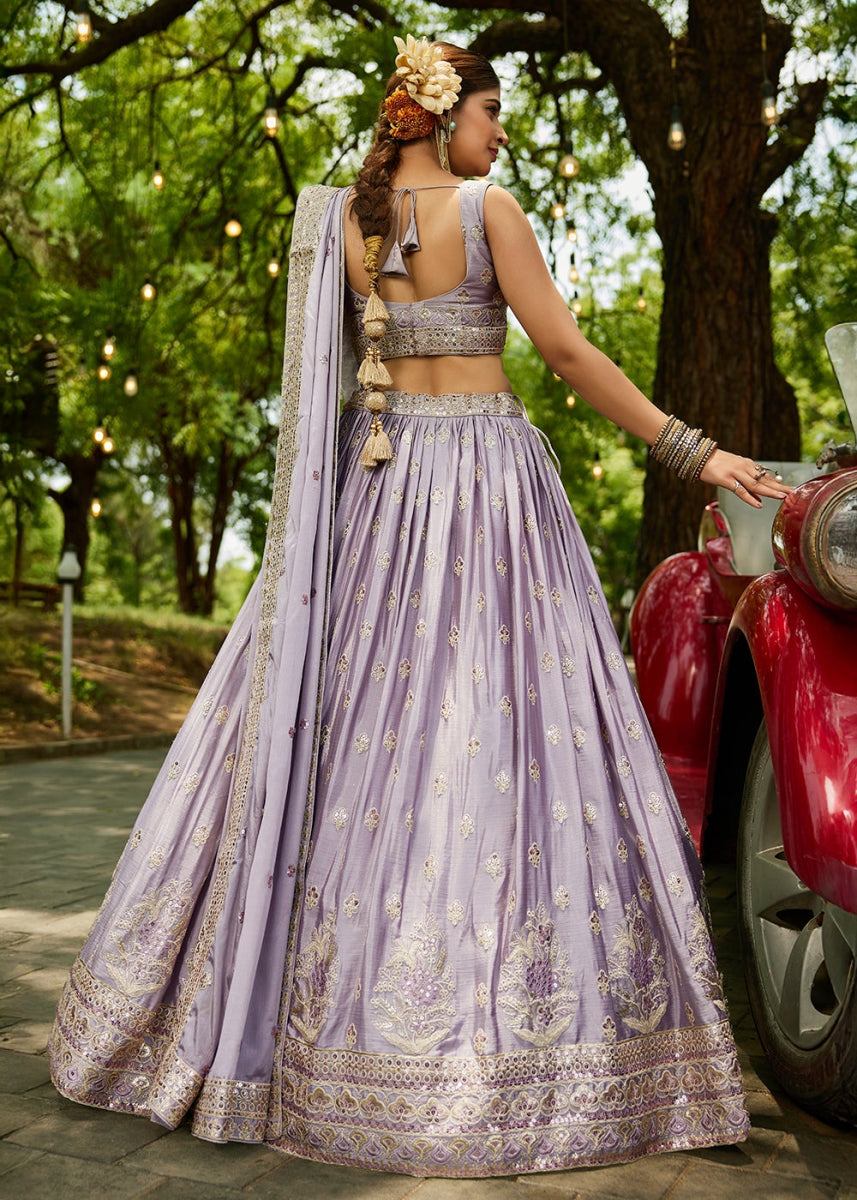 Periwinkle Purple Lehenga Choli with Floral Sequin Detailing on Chiffon Silk - House of Sarvati LLC