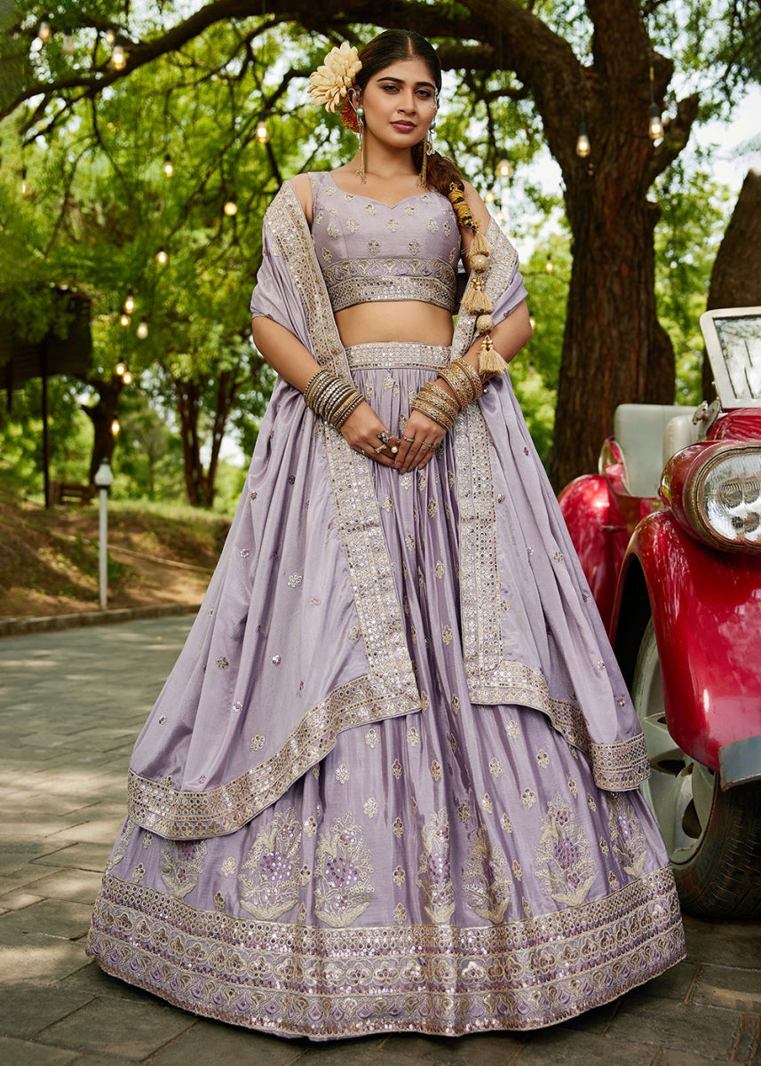 Periwinkle Purple Lehenga Choli with Floral Sequin Detailing on Chiffon Silk - House of Sarvati LLC