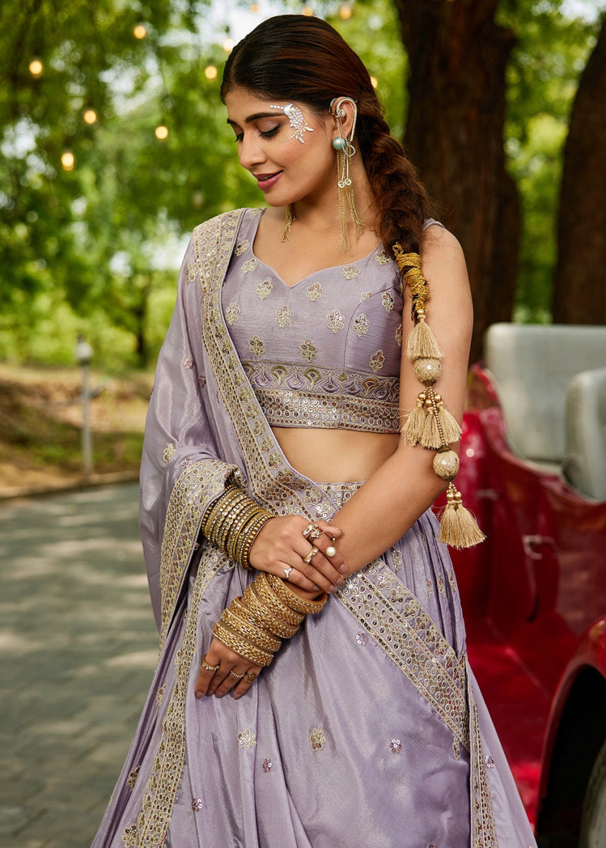 Periwinkle Purple Lehenga Choli with Floral Sequin Detailing on Chiffon Silk - House of Sarvati LLC