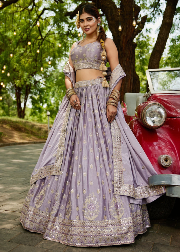Periwinkle Purple Lehenga Choli with Floral Sequin Detailing on Chiffon Silk - House of Sarvati LLC