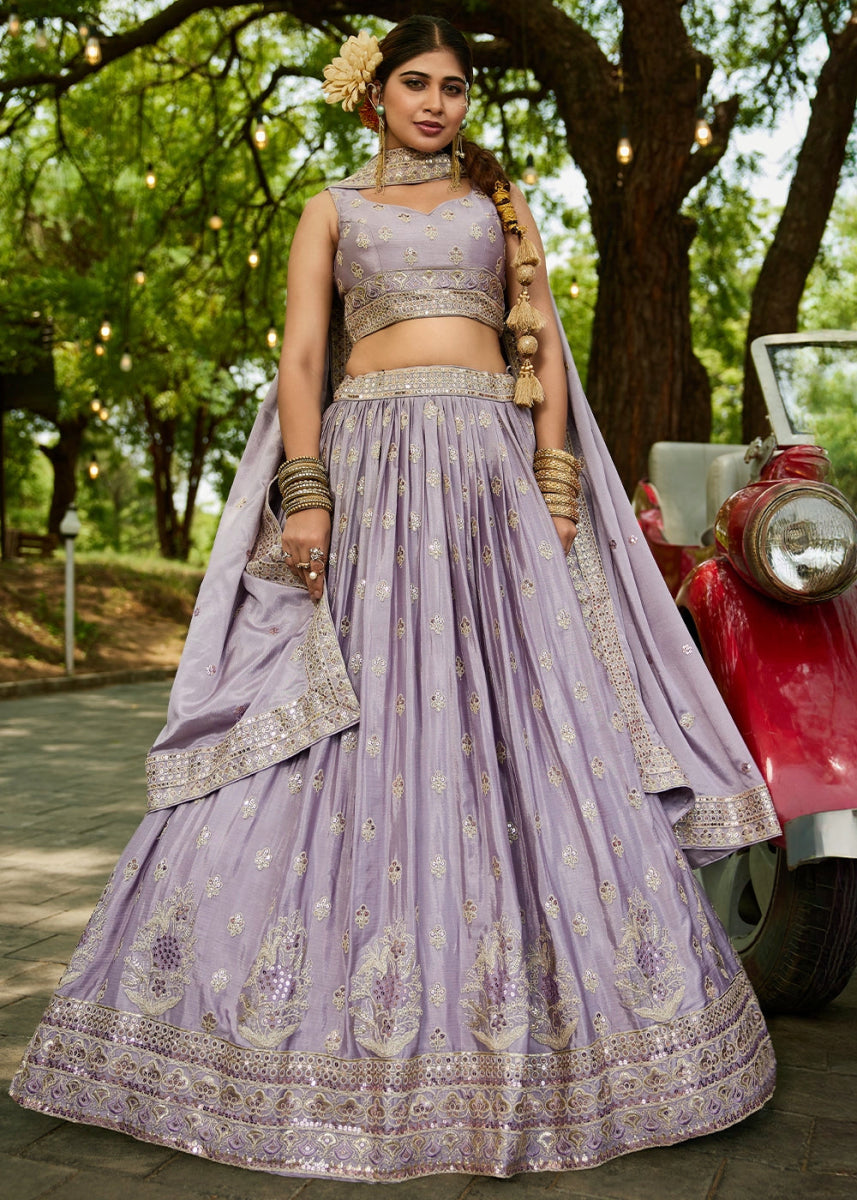 Periwinkle Purple Lehenga Choli with Floral Sequin Detailing on Chiffon Silk - House of Sarvati LLC