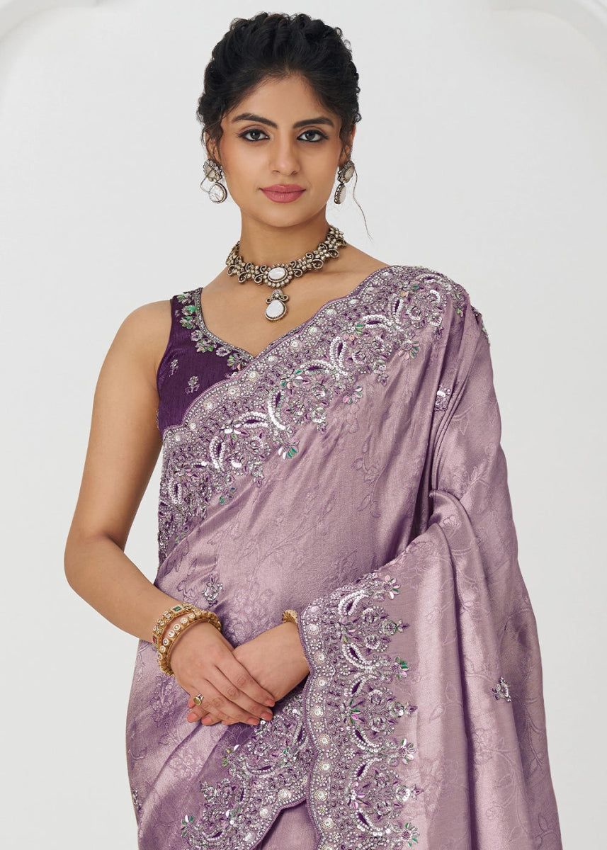 Periwinkle Purple Viscose Dola Silk Saree With Handcrafted Sequins And Beads Embellishments - House of Sarvati LLC