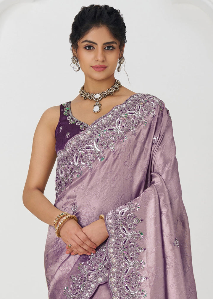 Periwinkle Purple Viscose Dola Silk Saree With Handcrafted Sequins And Beads Embellishments - House of Sarvati LLC
