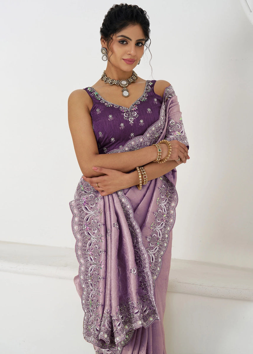 Periwinkle Purple Viscose Dola Silk Saree With Handcrafted Sequins And Beads Embellishments - House of Sarvati LLC