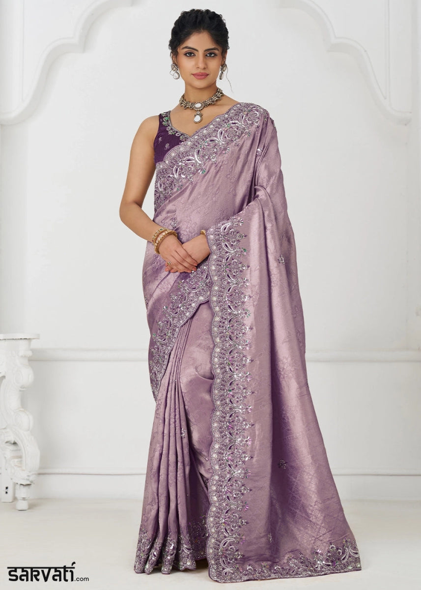 Periwinkle Purple Viscose Dola Silk Saree With Handcrafted Sequins And Beads Embellishments - House of Sarvati LLC