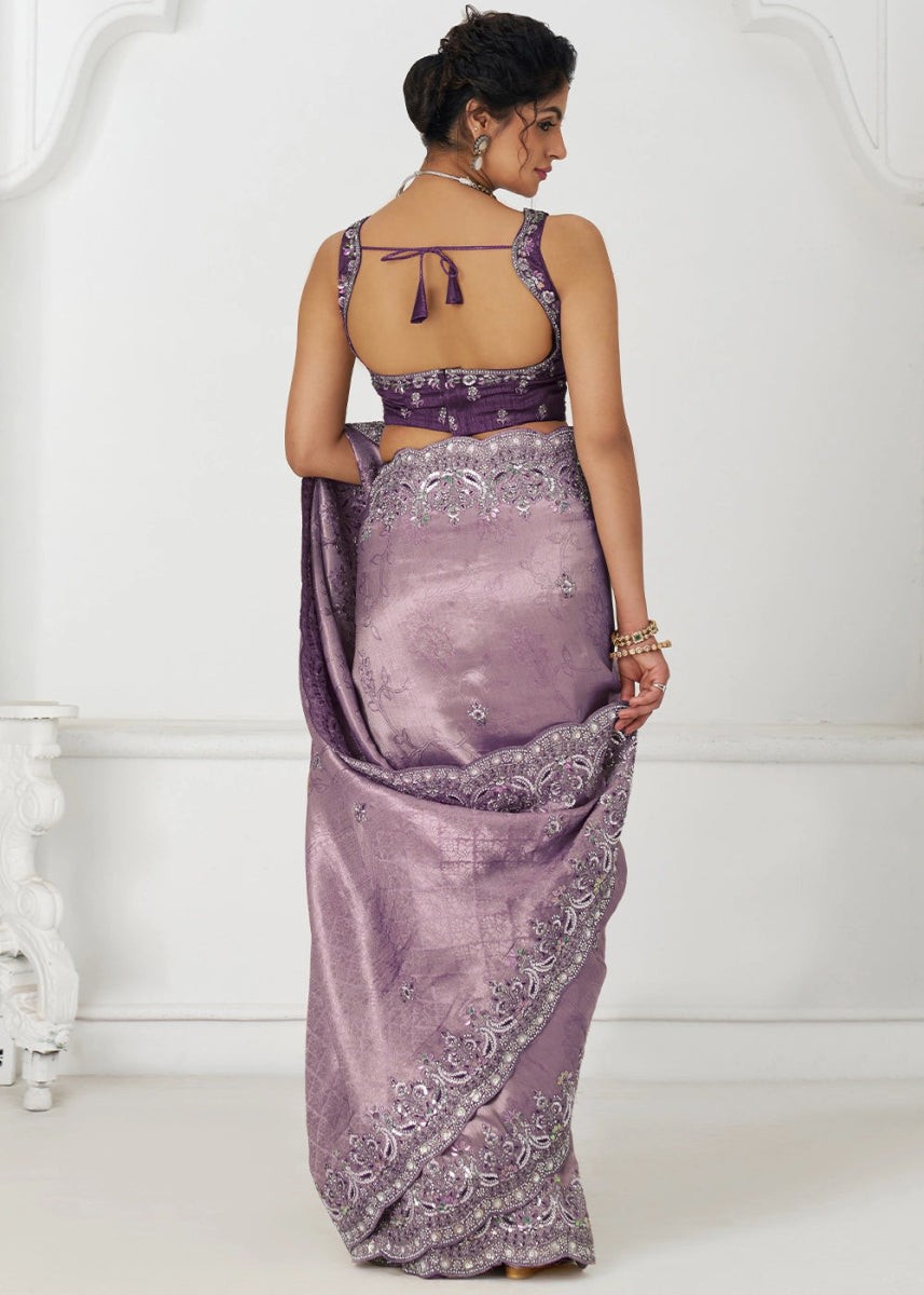 Periwinkle Purple Viscose Dola Silk Saree With Handcrafted Sequins And Beads Embellishments - House of Sarvati LLC