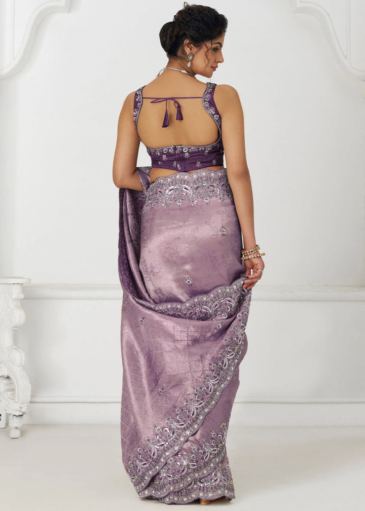 Periwinkle Purple Viscose Dola Silk Saree With Handcrafted Sequins And Beads Embellishments - House of Sarvati LLC