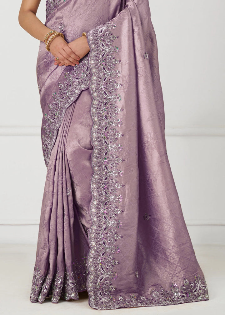 Periwinkle Purple Viscose Dola Silk Saree With Handcrafted Sequins And Beads Embellishments - House of Sarvati LLC