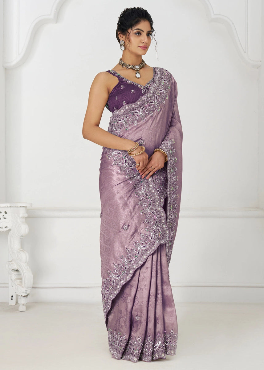 Periwinkle Purple Viscose Dola Silk Saree With Handcrafted Sequins And Beads Embellishments - House of Sarvati LLC
