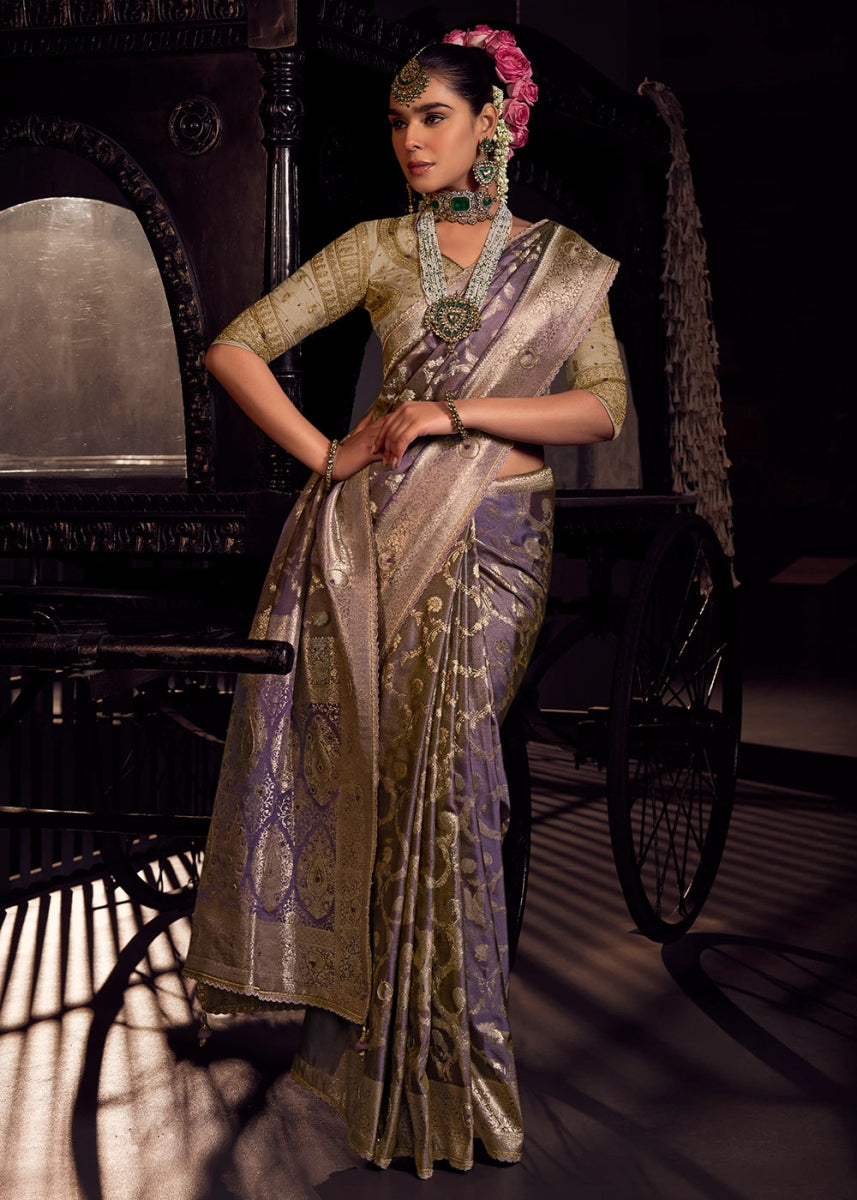 Periwinkle Purple Viscose Tissue Silk Saree with Handcrafted Pallu and Embroidered Blouse - House of Sarvati LLC