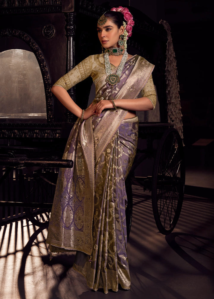 Periwinkle Purple Viscose Tissue Silk Saree with Handcrafted Pallu and Embroidered Blouse - House of Sarvati LLC