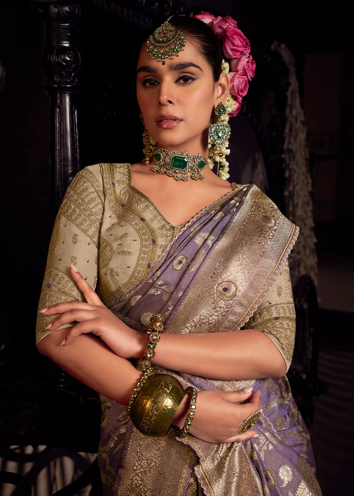 Periwinkle Purple Viscose Tissue Silk Saree with Handcrafted Pallu and Embroidered Blouse - House of Sarvati LLC