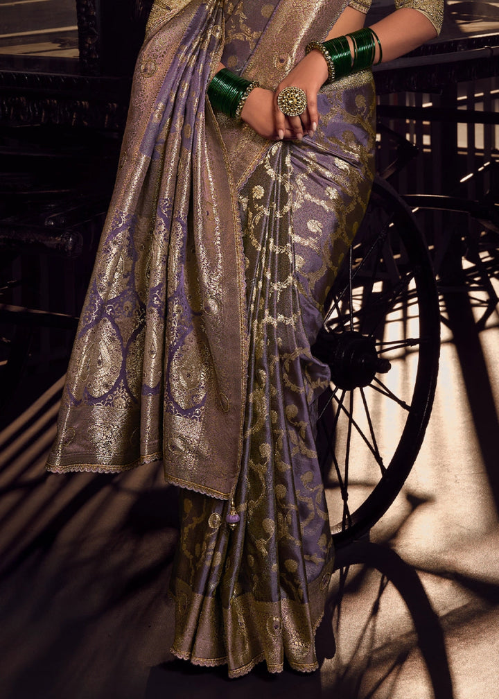 Periwinkle Purple Viscose Tissue Silk Saree with Handcrafted Pallu and Embroidered Blouse - House of Sarvati LLC